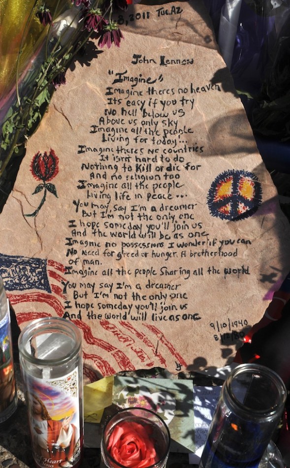 One of thousand items boxed up for the permanent shooting achieve. The words to John Lennon's song "Imagine".