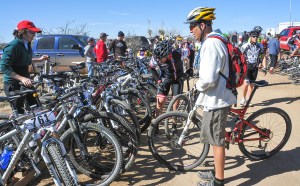 RIDERS STACK THEIR BIKES  CLOSE TO THE START