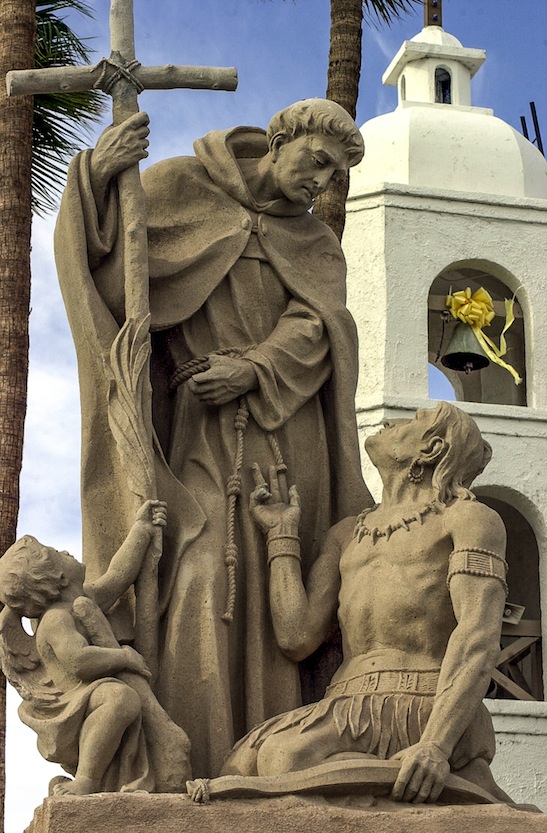 PADRE GARCES AT SAINT THOMAS MISSION IN YUMA. A plaque on the site with a statue of father Garcés commemorates the mission and its beloved friar-it proclaims Born April 12, 1738 Died July 17, 1781 FRAY HERMENGILDO FRANCISCO GARCES DARING EXPLORER, ZEALOUS MISSIONARY AND UNFAILING FRIEND OF THE YUMA INDIANS PADRE GARCES FOUNDED THE YUMA INDIANS MISSION AND NEARBY GAVE HIS LIFE FOR THEIR SOULS… HIS FAITH WAS UNSHAKABLE HIS HOPE TRANQUIL HIS CHARITY JOYOUS HIS ZEAL TRIUMPHANT