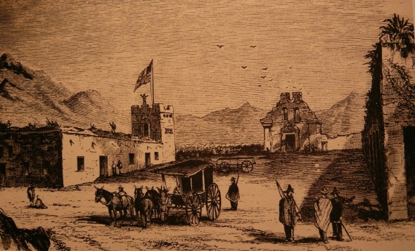 Sketch drawn in 1869 by California emmigrants who found the Tubac Presidio abandoned with the bell, church ornaments and images ripe for thieves like the peaches still rippening on the trees and not a soul to be found. When Apaches roamed close-folks ran for the hills